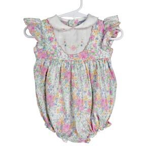 Vtg 90s Friedknit Creations Floral Bubble Romper Pink White Collar - 3-6 Months